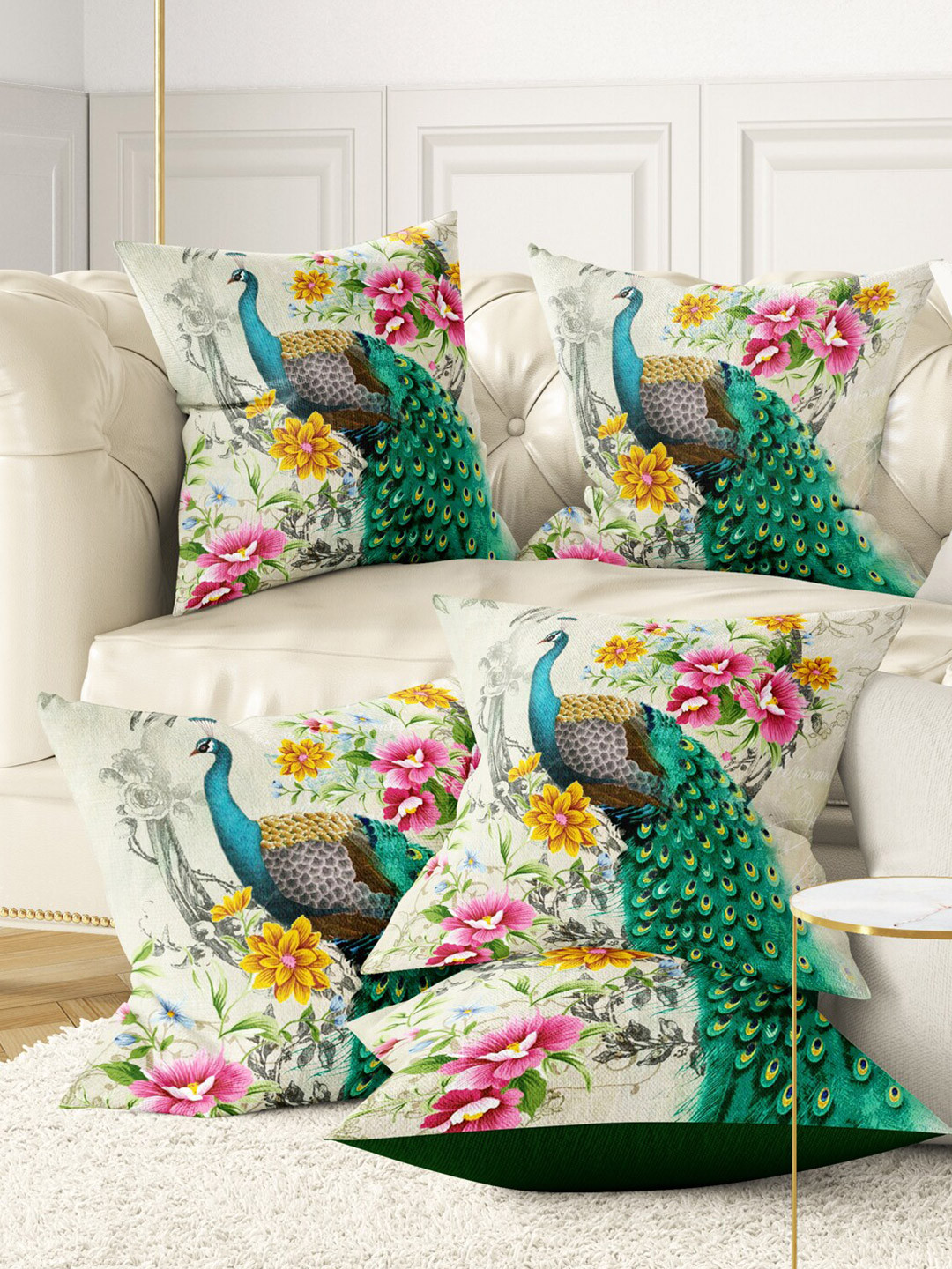 BIANCA Grey & Green Set of 5 Floral Digital Printed Square Cushion Covers