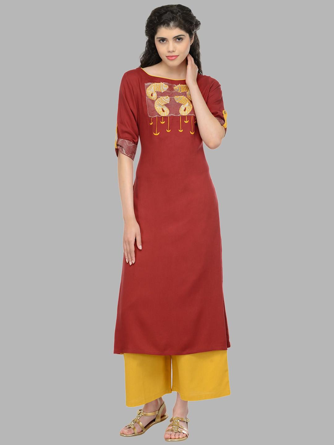 Bitterlime Women Maroon Fish Embroidered Thread Work Kurta