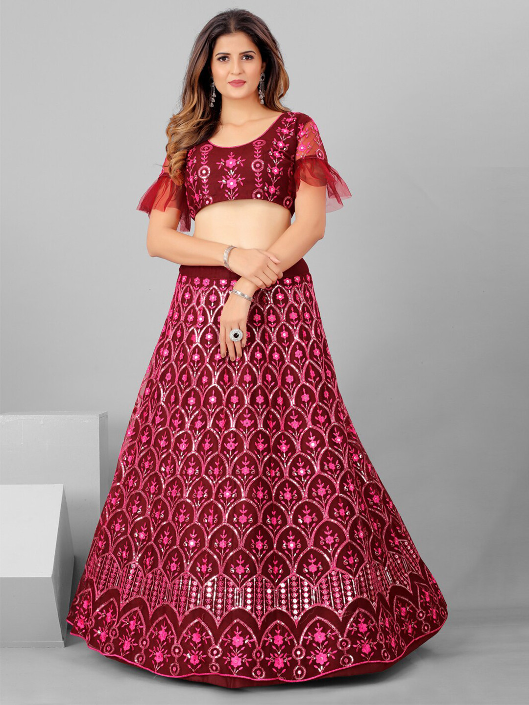 SHOPGARB Maroon Embellished Sequinned Semi-Stitched Lehenga & Unstitched Blouse With Dupatta