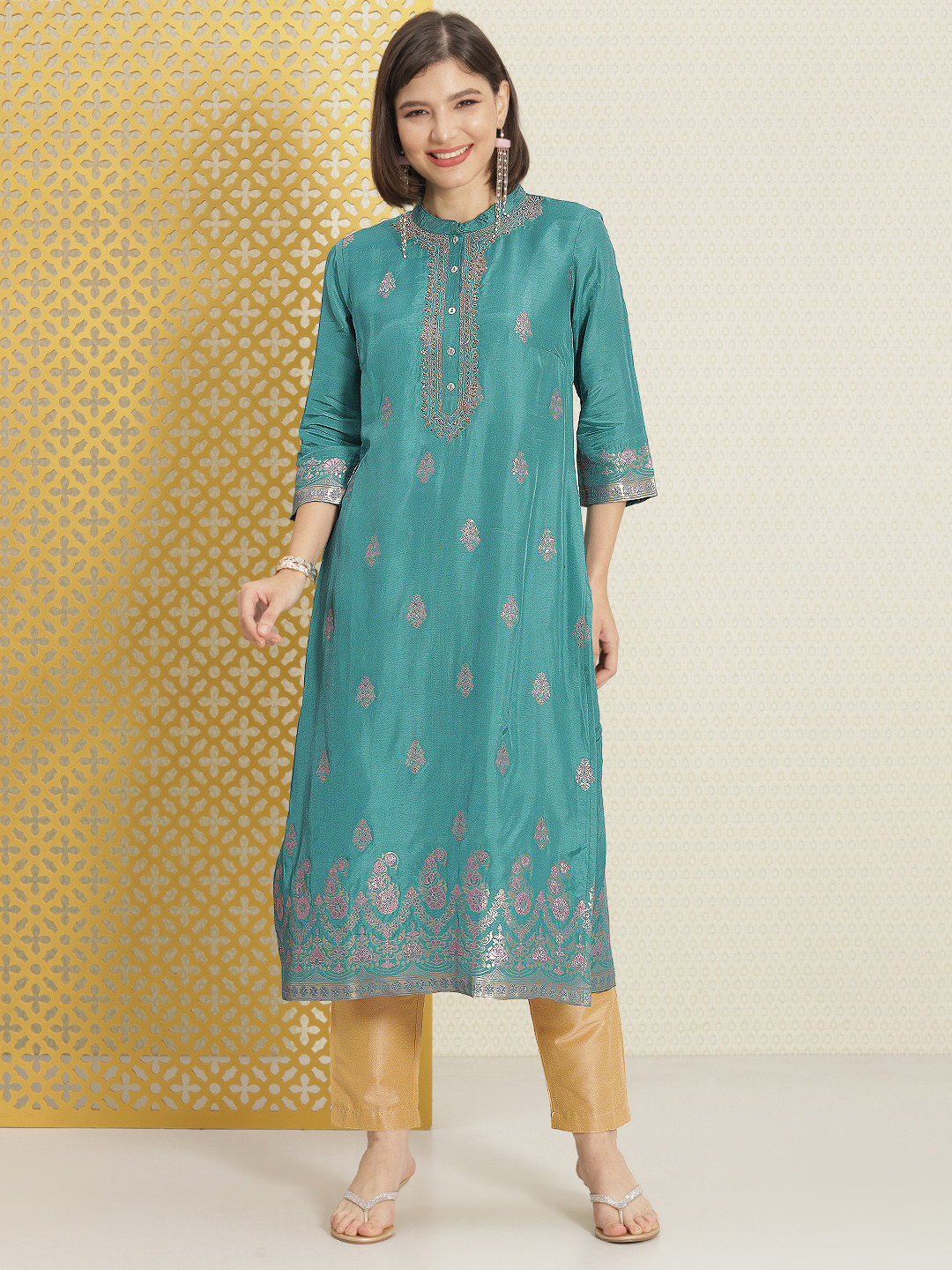 House of Pataudi Women Teal & Pink Ethnic Motifs Woven Designed Jashn Kurta