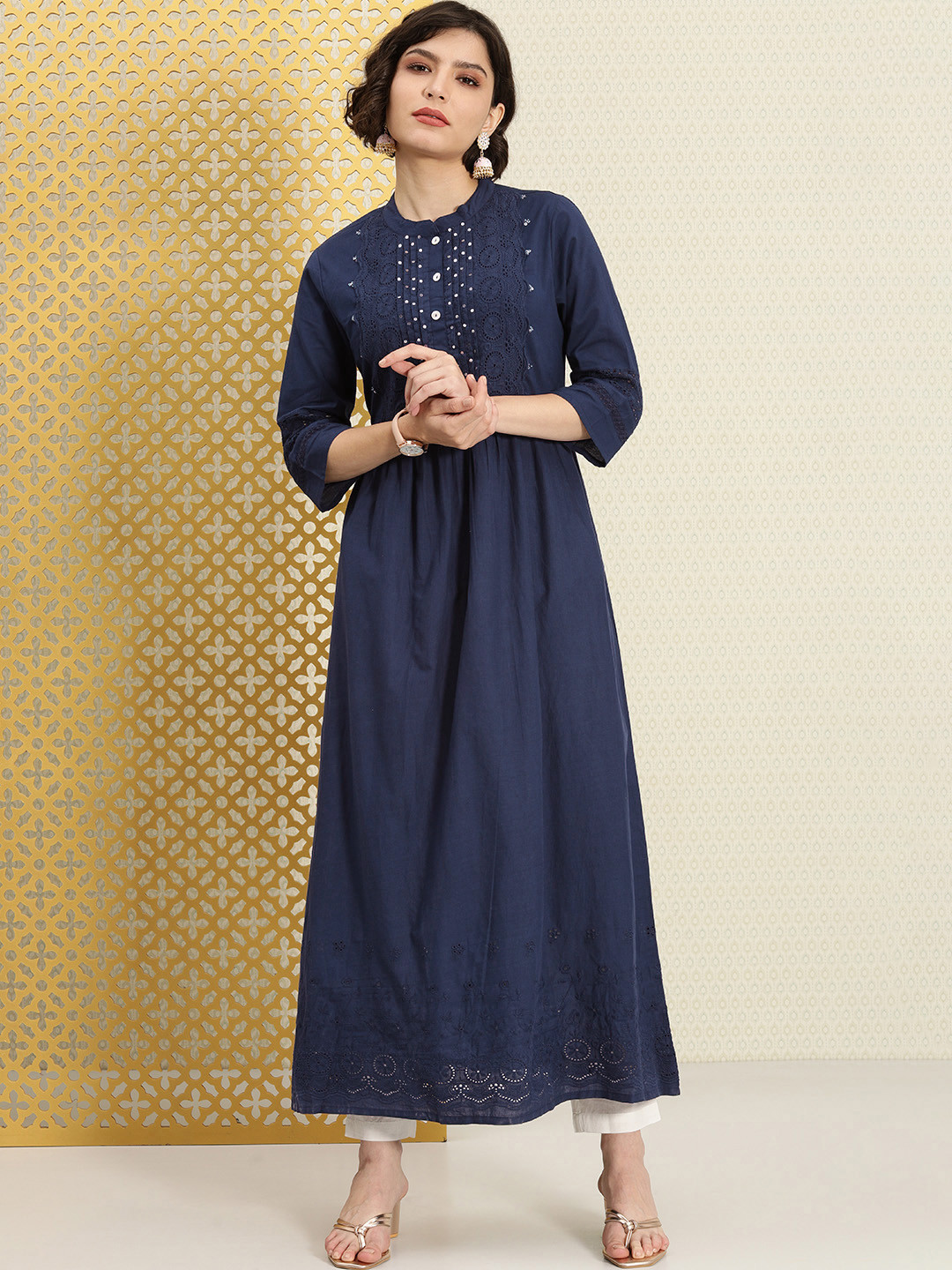 House of Pataudi Women Navy Blue Sequined Schiffli Jashn Kurta