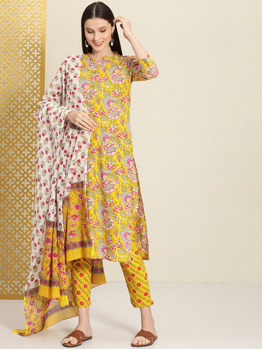 House of Pataudi Women Mustard Yellow Printed Rozana Kurta with Trousers & With Dupatta
