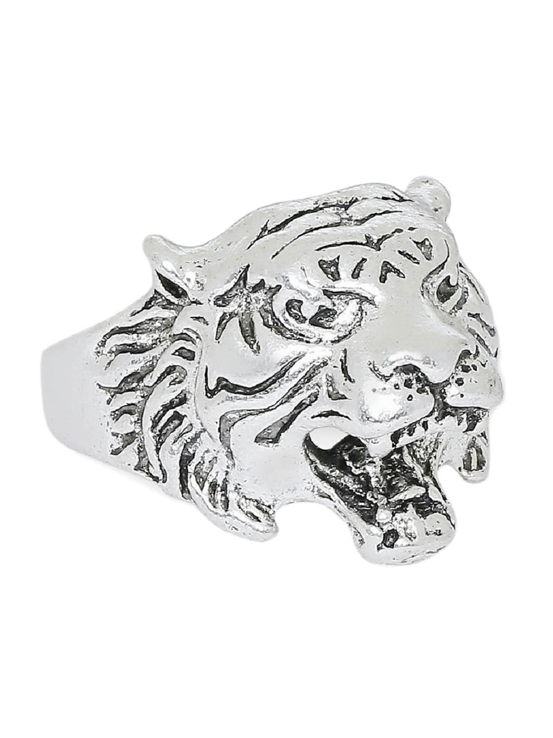 OOMPH Men Silver-Toned Stainless Steel Vintage Tiger Biker Ring