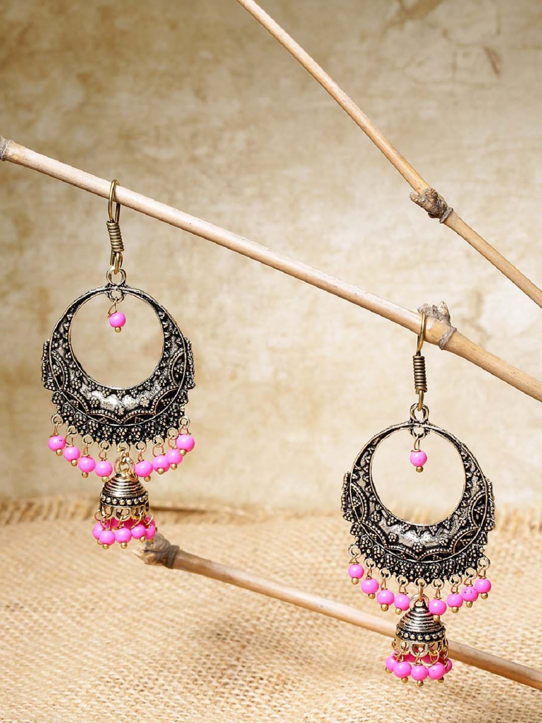 PRITA BY PRIYAASI Pink & Black Crescent Shaped German Silver Chandbalis