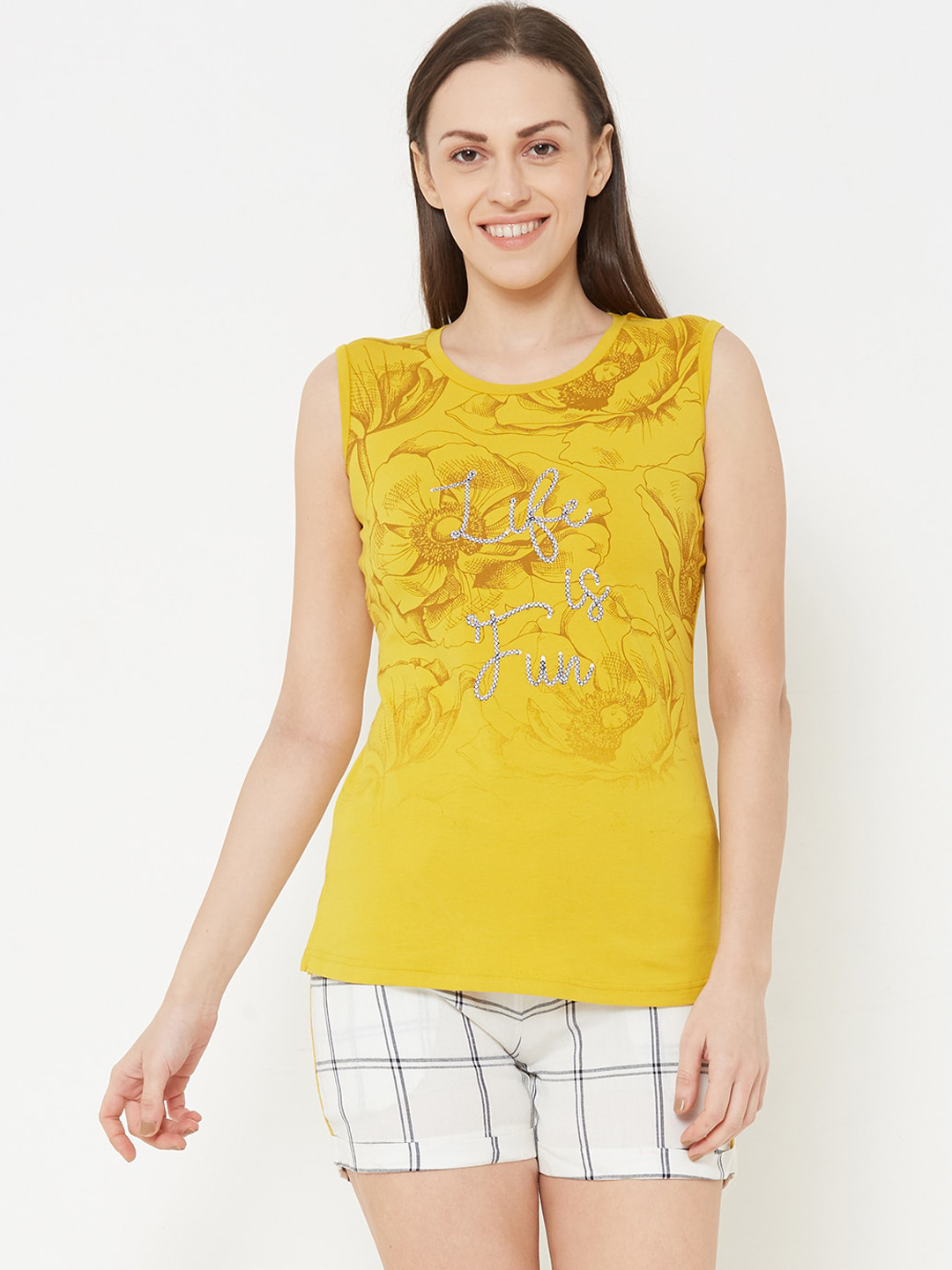 Sweet Dreams Women Yellow & White Printed Night suit