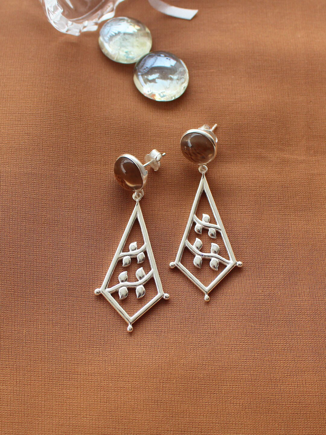 ERILINE JEWELRY Silver-Plated & Olive Green Diamond Shaped Drop Earrings