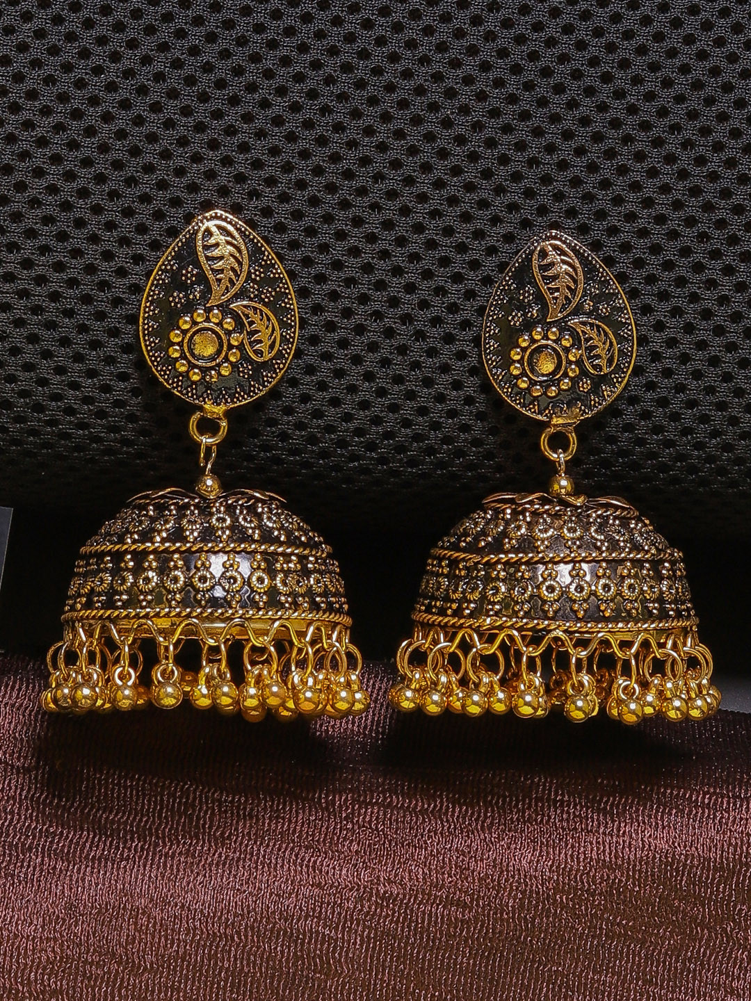 DIVA WALK Gold-Plated & Black Dome Shaped Metal Jhumkas