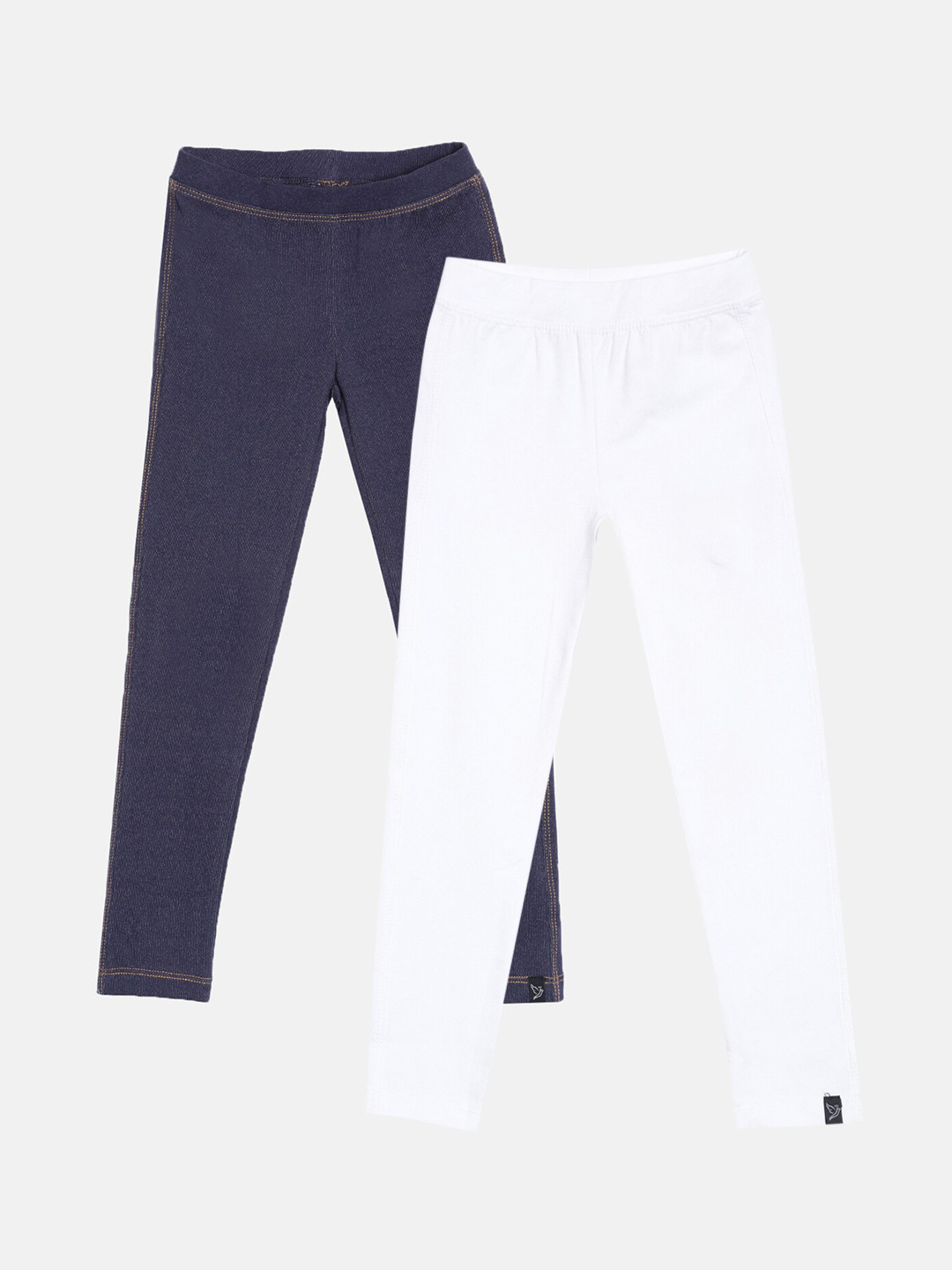 TWIN BIRDS Kids Girls Pack of 2 White & Navy Blue Ankle Length Leggings