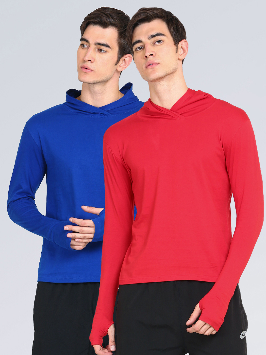 appulse Men Red & Navy Blue Pack Of 2 Thumb-Open Slim Fit Cotton T-shirts