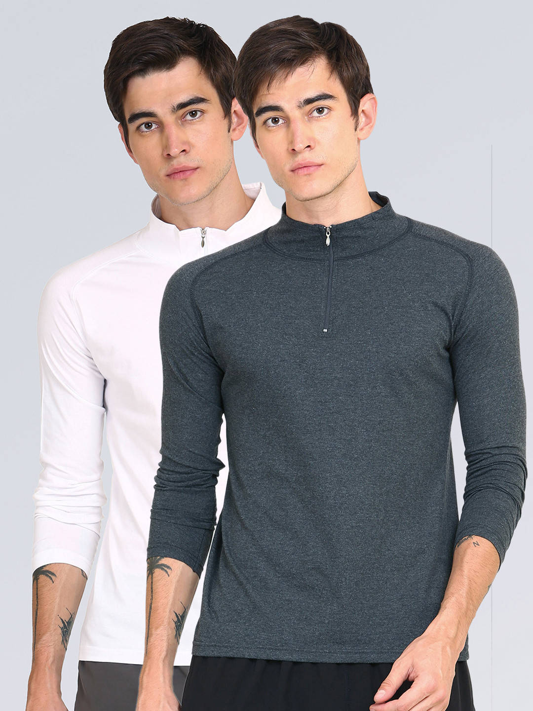 appulse Men White & Grey Pack of 2 High Neck Slim Fit Cotton One-Fourth Zipper T-shirt