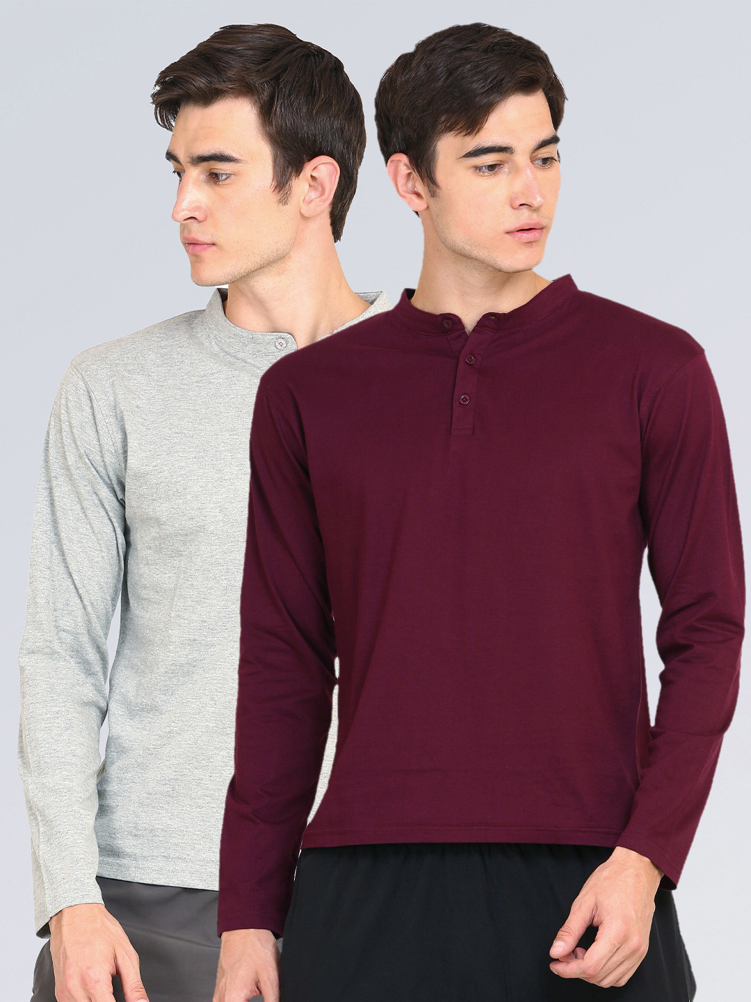 appulse Men Pack of 2 Grey & Maroon Solid Mandarin Collar Slim Fit T-shirt