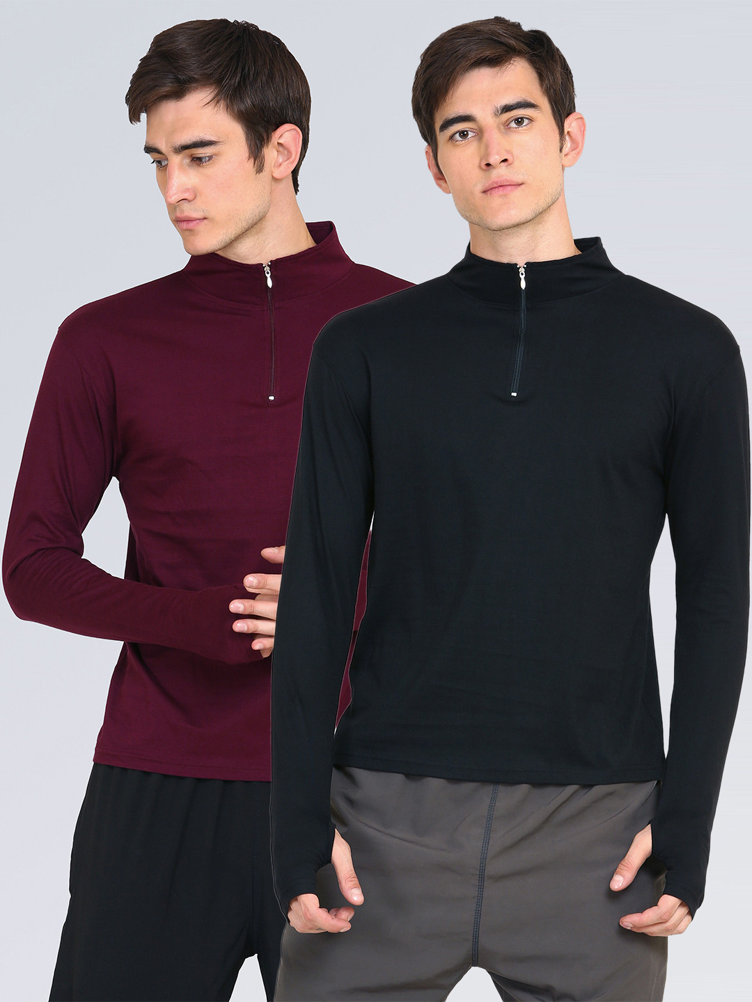 appulse Men Maroon & Black Pack Of 2 High Neck Slim Fit One-Fourth Zipper & Thumbopen T-shirt