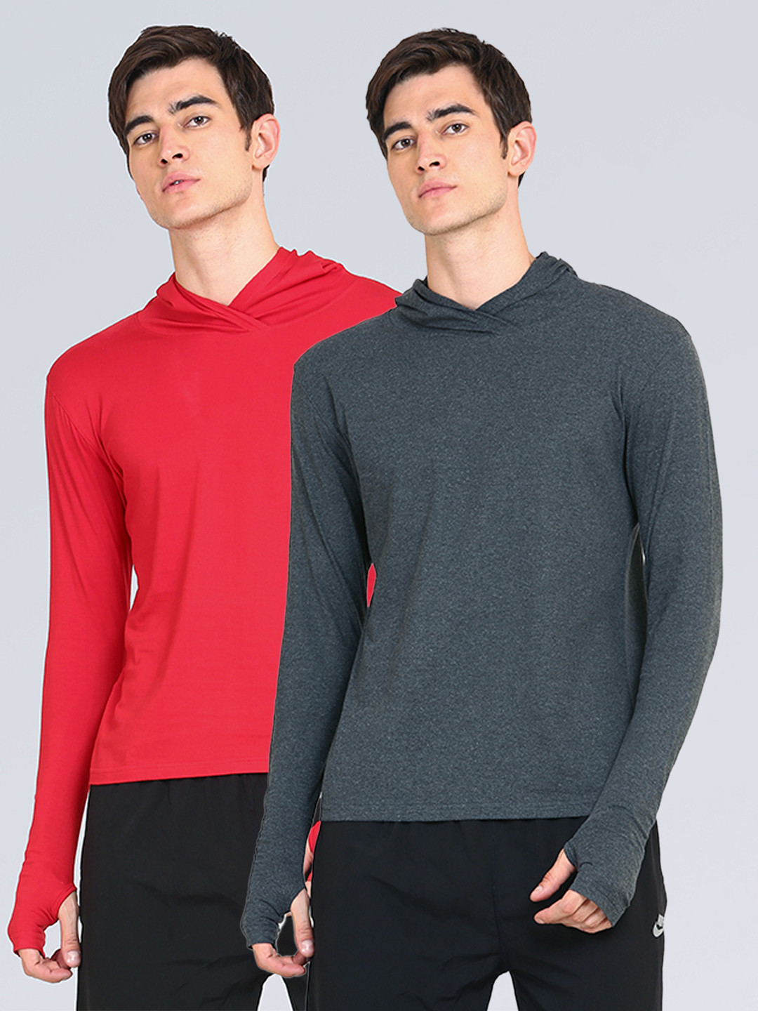 appulse Men Pack Of 2 Red & Grey Hoodie Thumbopen T-Shirt