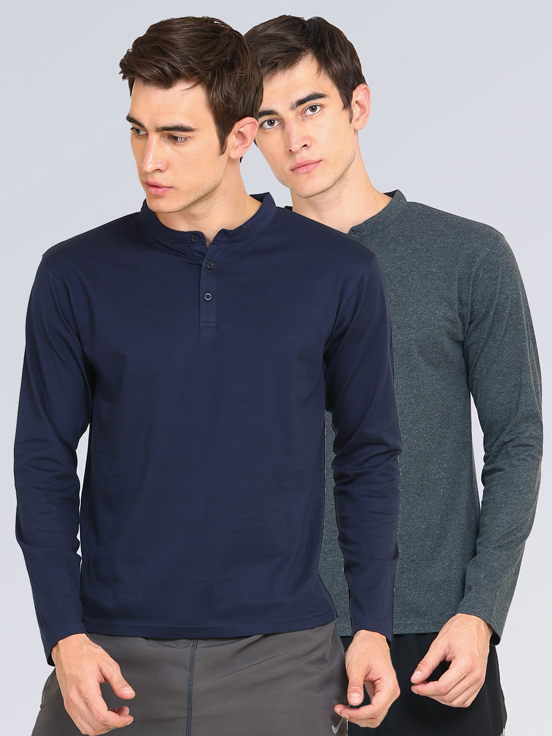 appulse Men Navy Blue & Charcoal Grey Pack Of 2 Henley Neck Slim Fit Cotton T-shirts