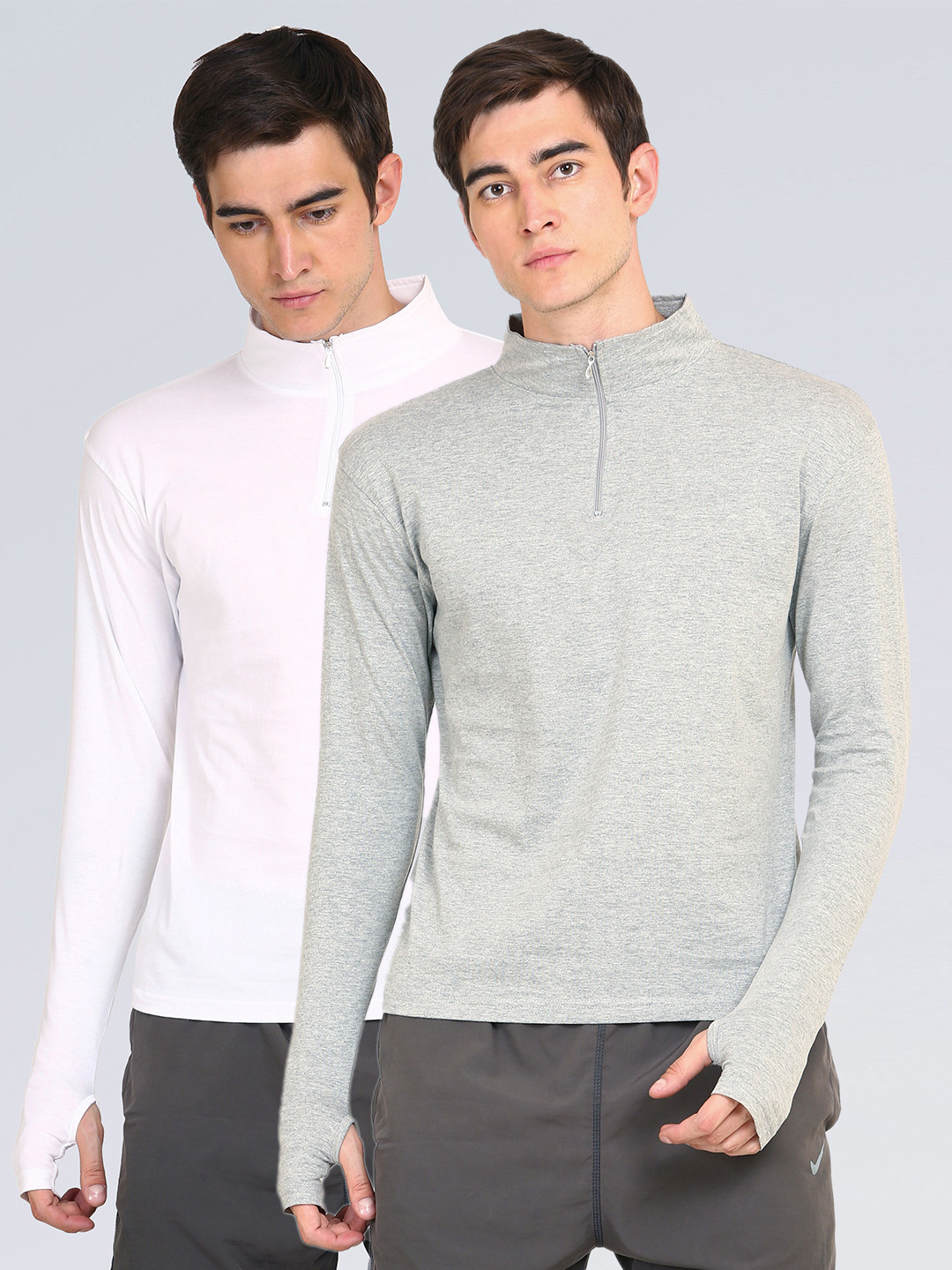 appulse Men Grey & White Pack Of 2 High Neck Slim Fit Cotton One-Fourth Zipper & Thumbopen T-shirt