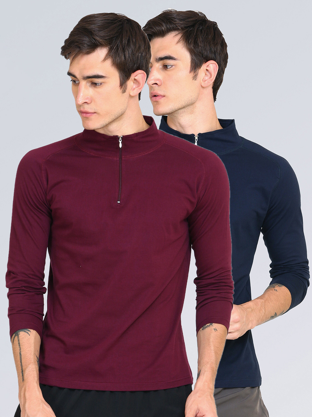 appulse Men Pack of 2 Maroon & Navy Blue Solid 1/4 Zipper Cotton Slim Fit T-shirts
