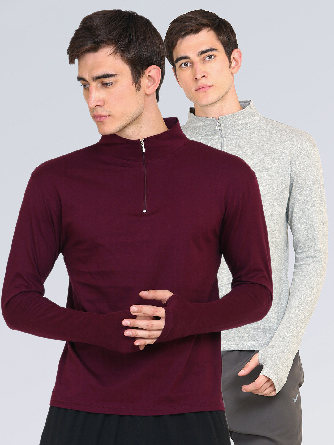 appulse Men Pack of 2 Maroon & Grey Solid High Neck  Thumbopen Slim Fit T-shirts