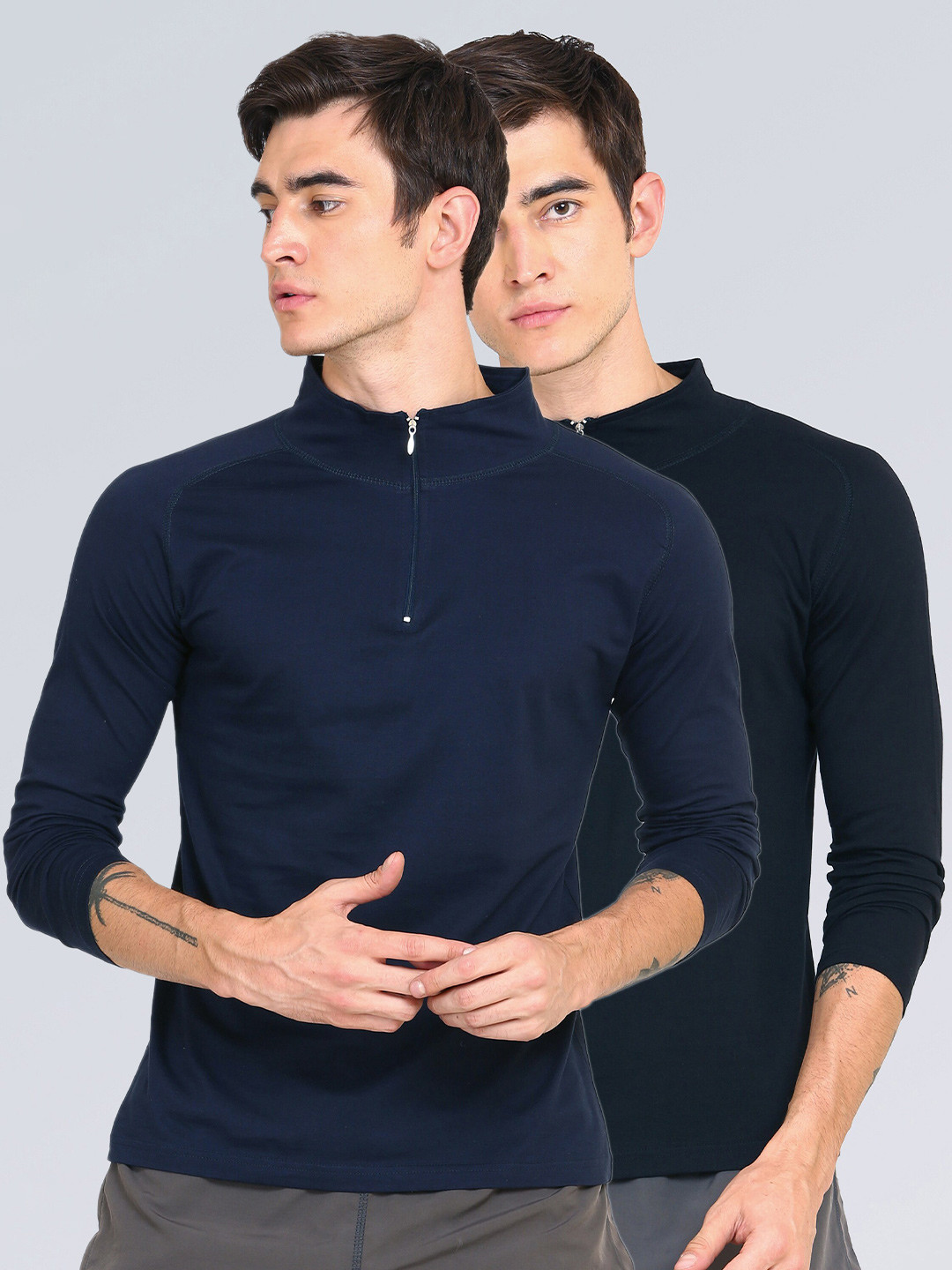 appulse Men Navy Blue & Green Pack Of 2 High Neck Slim Fit Cotton One-Fourth Zipper T-shirt