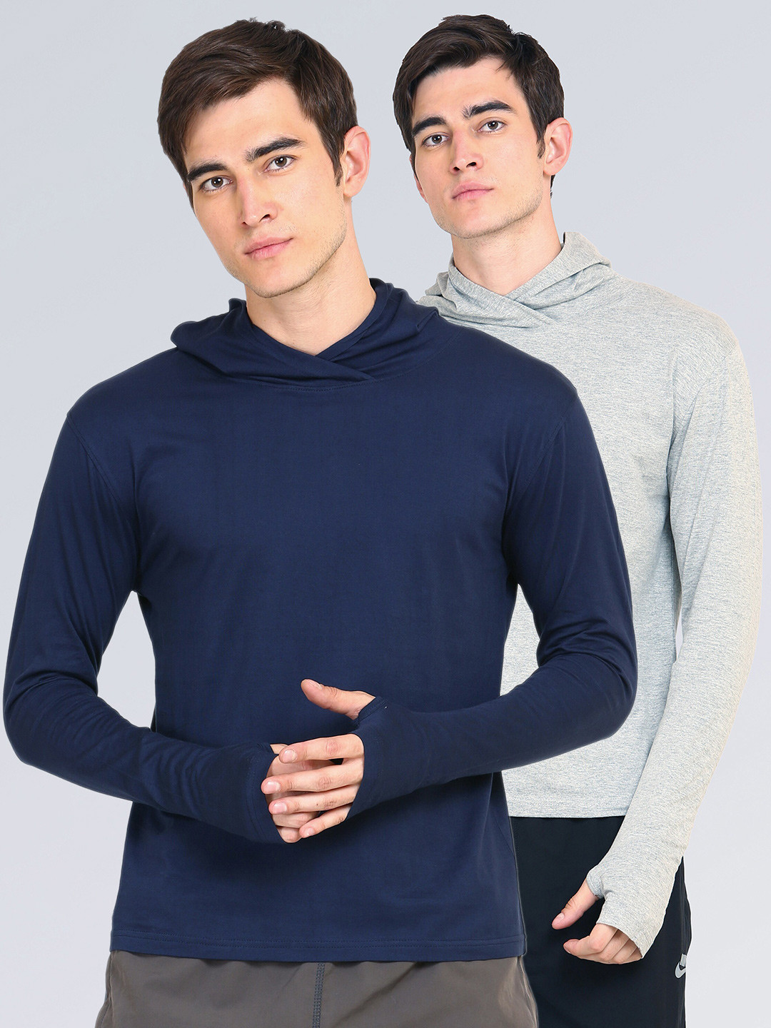 appulse Men Pack Of 2 Navy Blue & Grey Hoodie Thumbopen T-Shirt