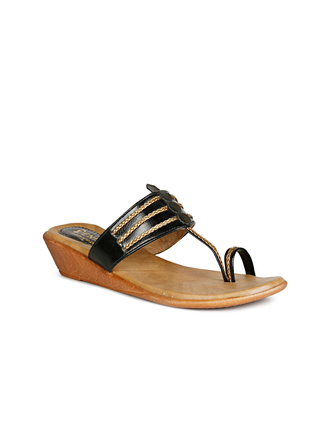 Denill Black & Tan Brown Embellished Ethnic Wedge Sandals
