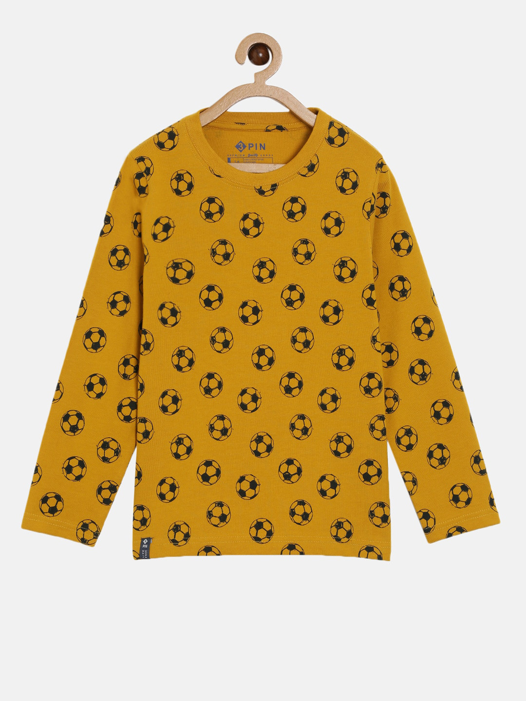 3PIN Boys Mustard Yellow & Black Printed Round Neck Cotton T-shirt