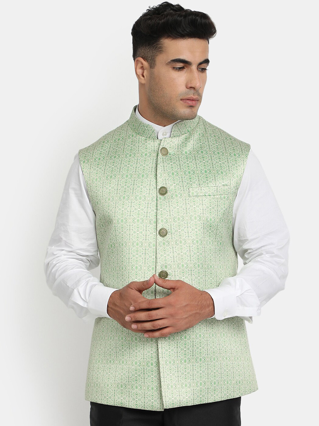 HOB Men Green & White Printed Woven Nehru Jacket