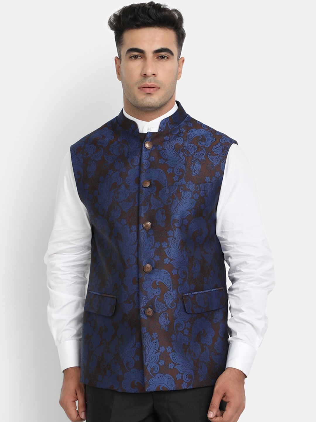 HOB Men Navy Blue & Brown Woven-Design Nehru Jacket
