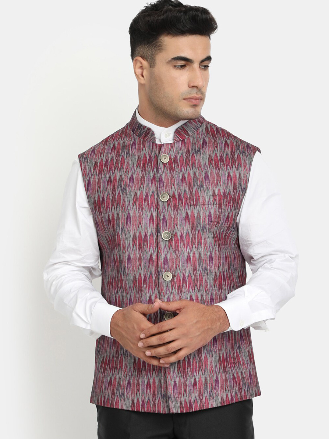 HOB Men Grey & Maroon Printed Woven Nehru Jacket
