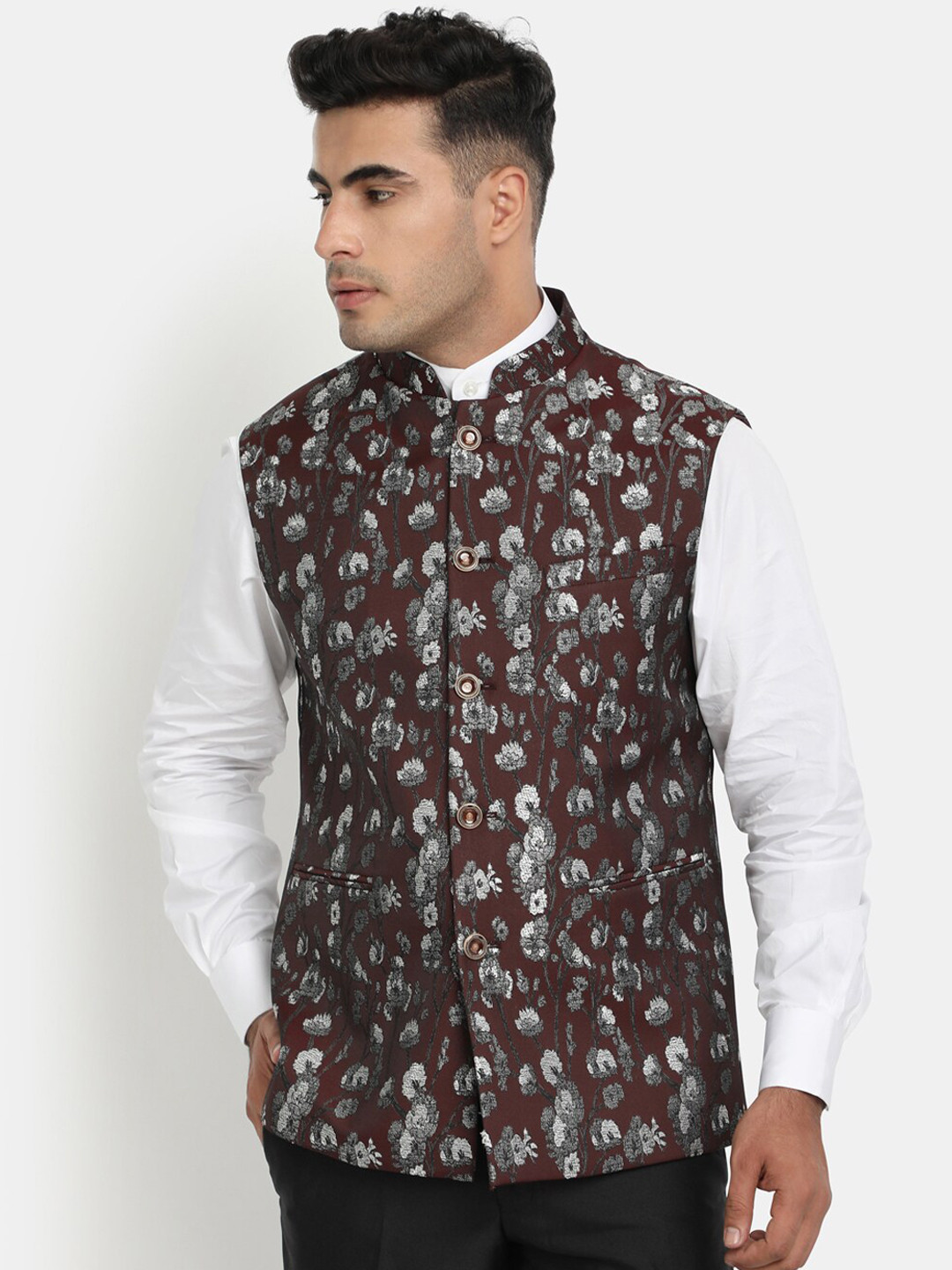 HOB Men Brown & Grey Woven-Design Nehru Jacket