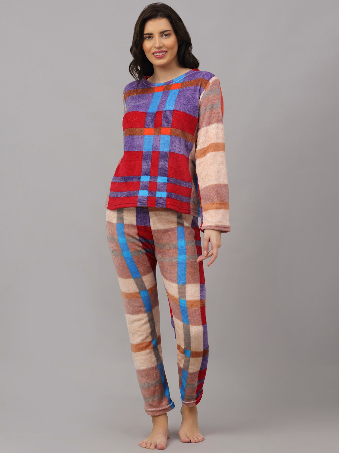 NEUDIS Women Beige & Maroon Checked Fleece Night suit