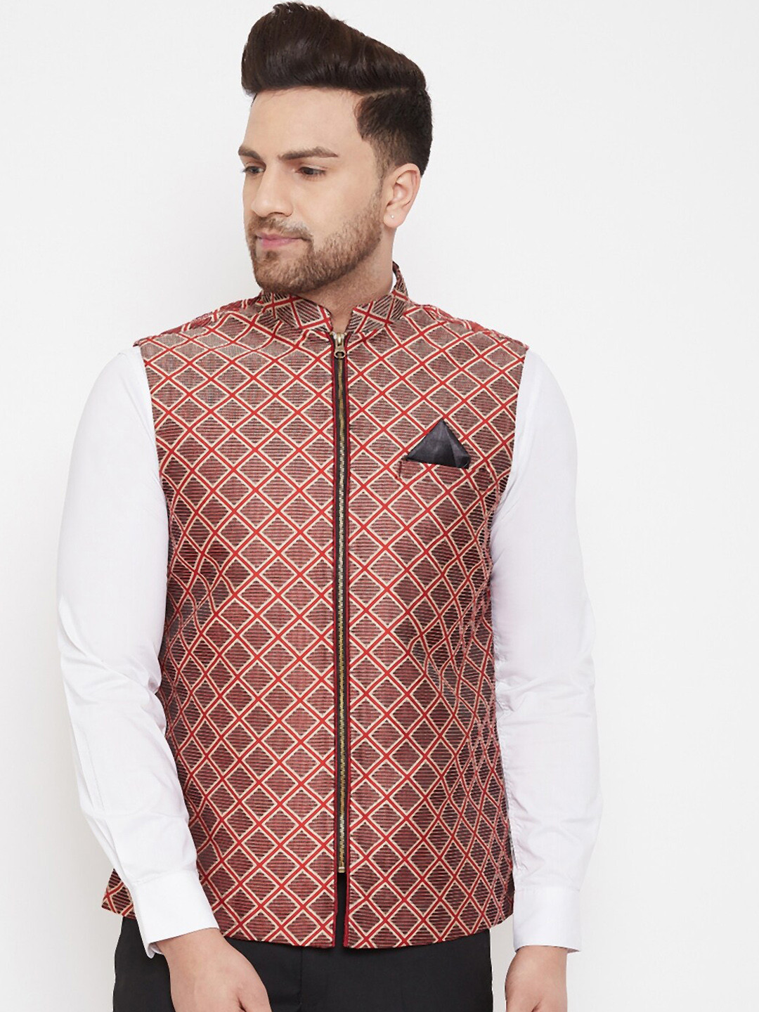 VASTRAMAY Men Red & Brown Checked Jute Cotton Nehru Jacket with Pocket Square
