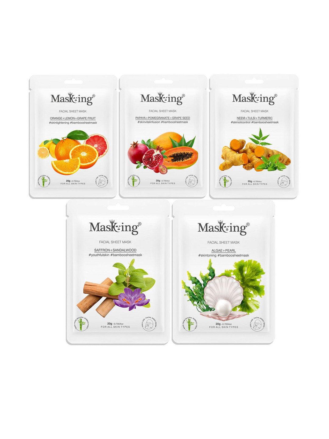 MasKing Unisex Pack Of 5 Orange & Papaya Bamboo Facial Sheet Mask - 100 g