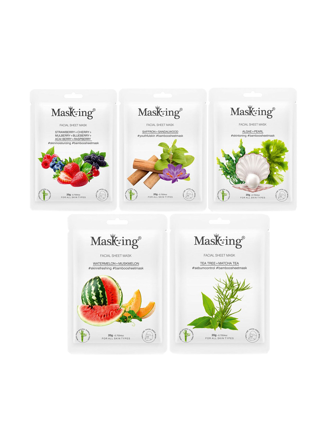 MasKing Unisex Pack Of 5 Strawberry & Saffron Bamboo Facial Sheet Mask - 100 g