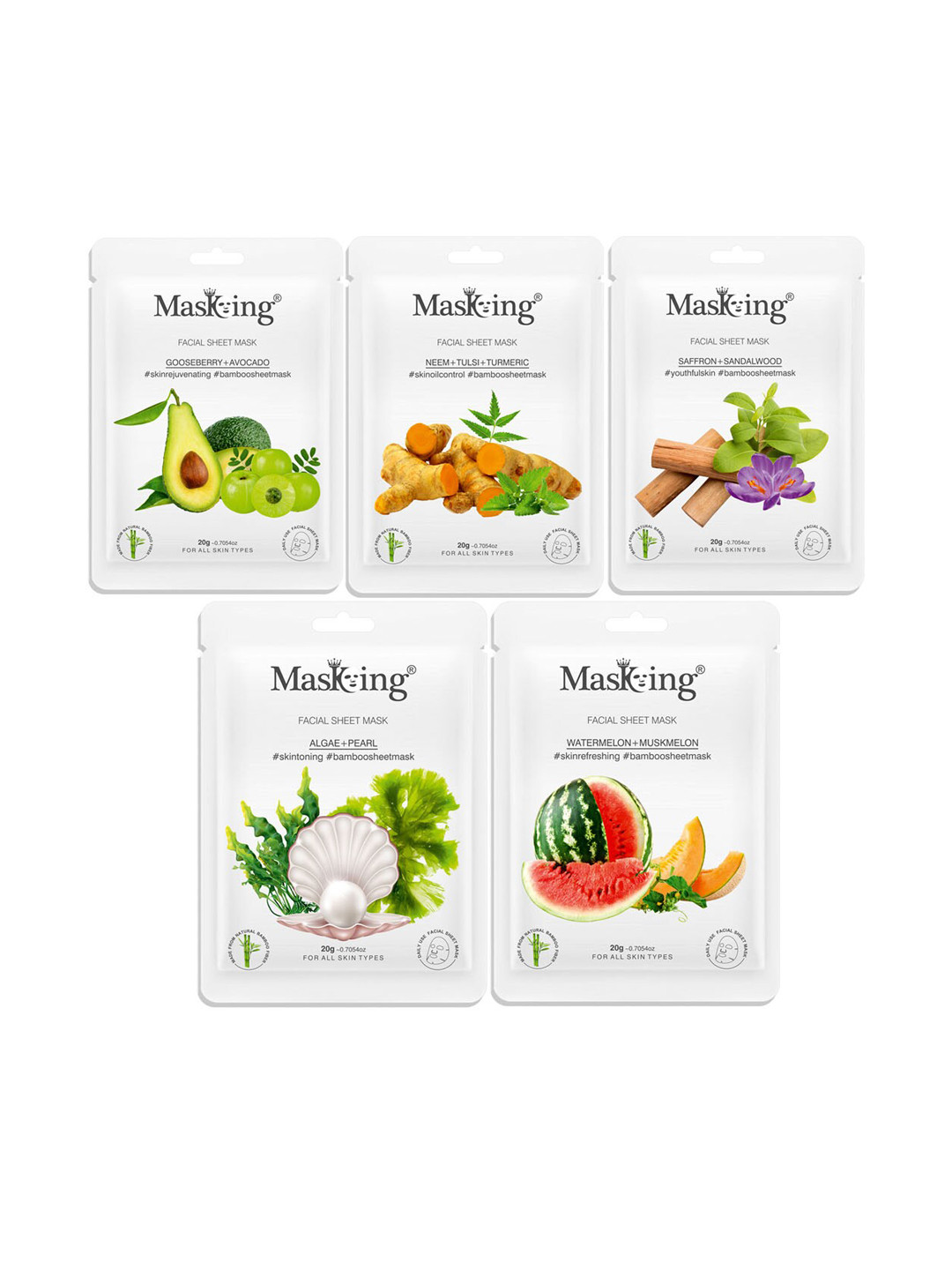 MasKing Unisex Multi Pack of 5 Bamboo Facial Sheet Mask, 100g