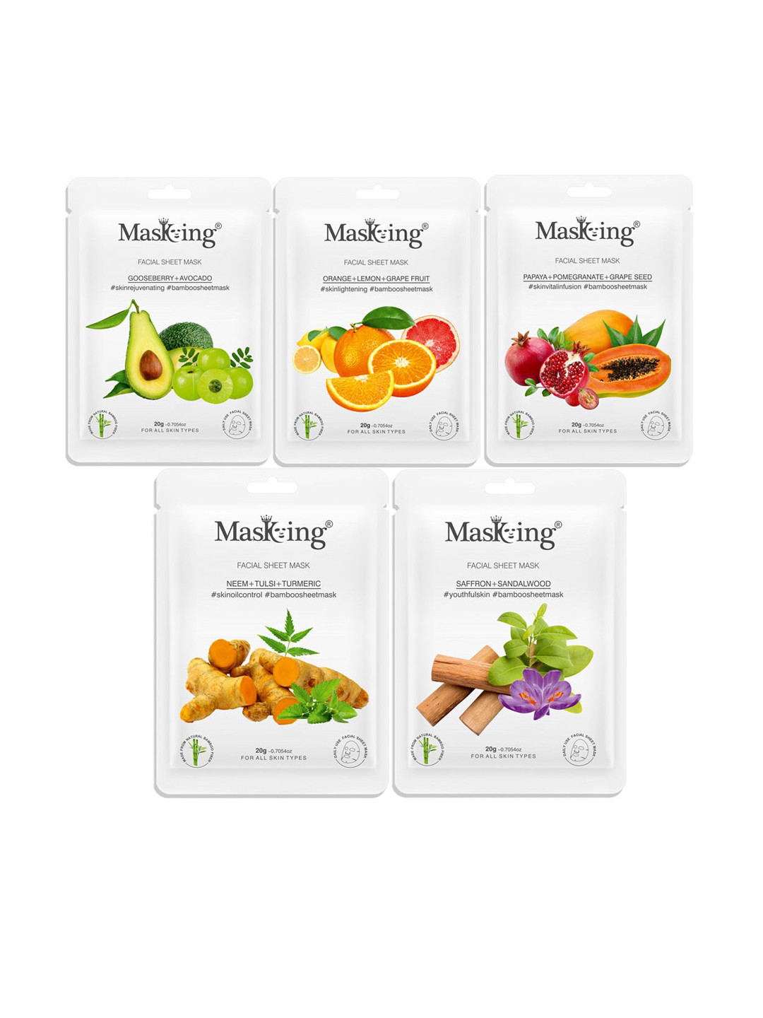 MasKing Unisex Multi Pack of 5 Bamboo Facial Sheet Mask, 100g