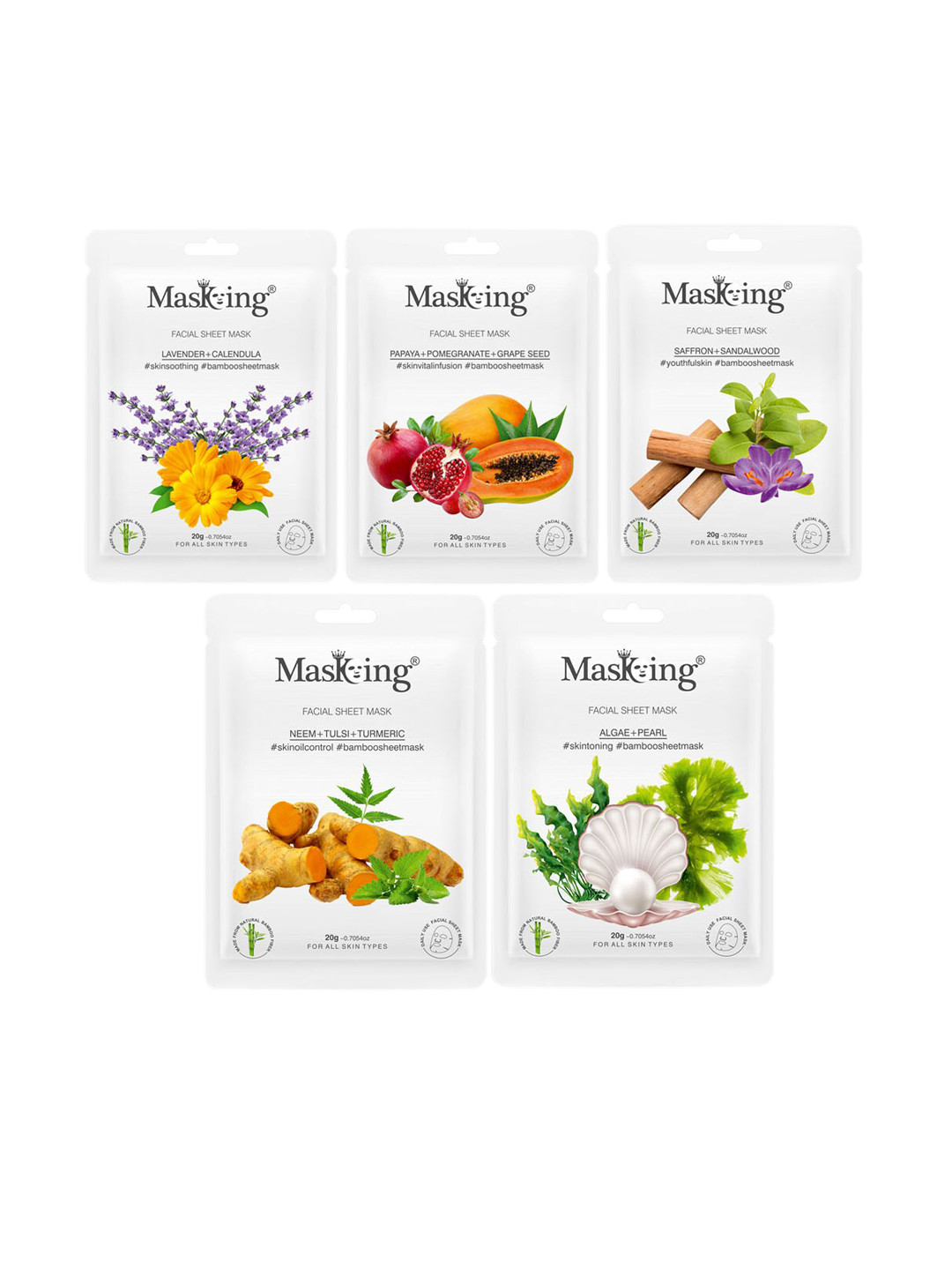 MasKing Set of 5 Bamboo Sheet Mask - Lavender - Papaya - Neem - Saffron & Algae