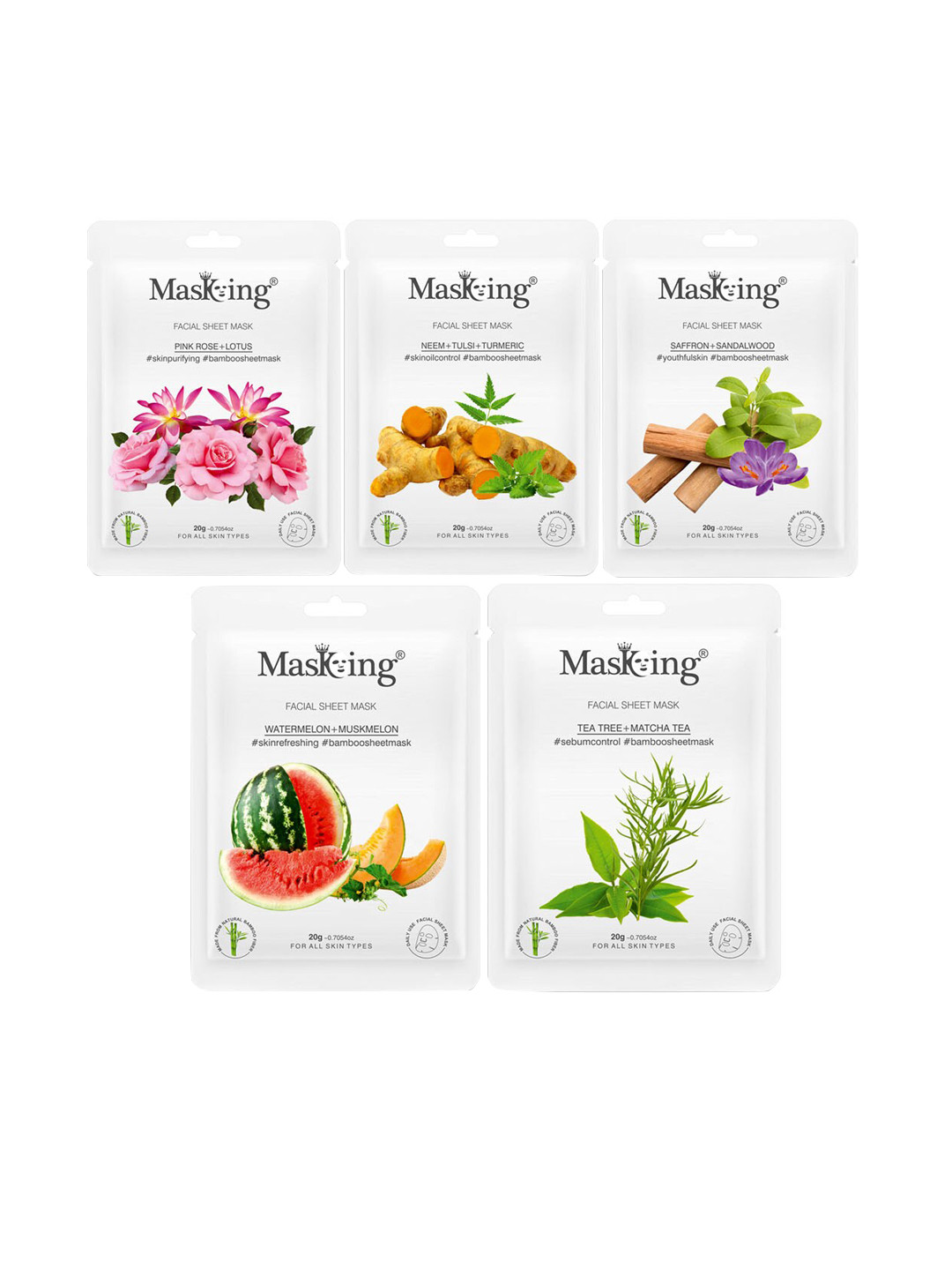 MasKing Set of 5 Bamboo Facial Sheet Mask - Rose - Neem - Saffron - Algae & Watermelon