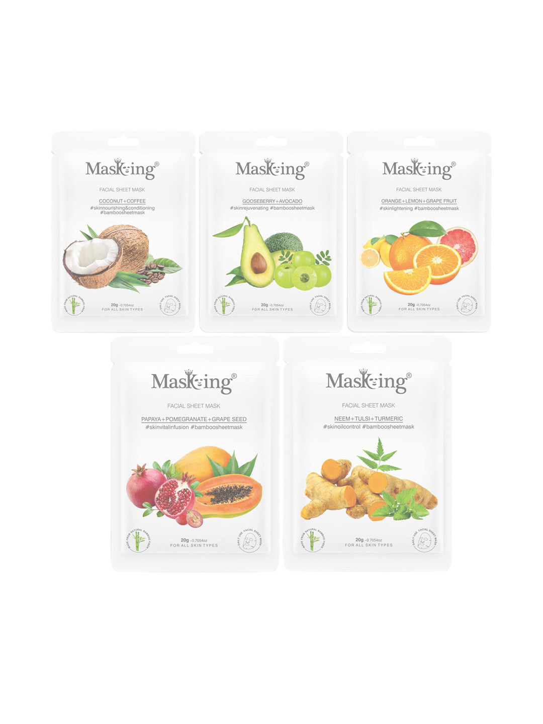 MasKing Set of 5 Bamboo Facial Sheet Mask - Coffee - Gooseberry - Orange - Papaya & Neem