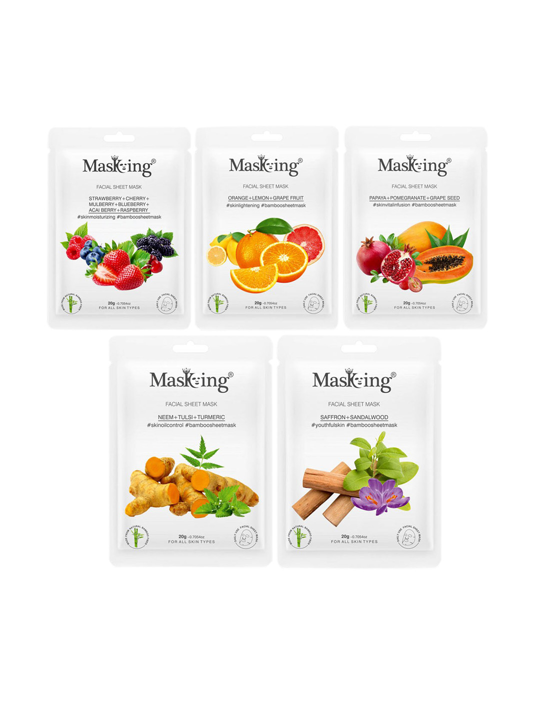 MasKing Unisex Pack Of 5 Strawberry & Orange Bamboo Facial Sheet Mask