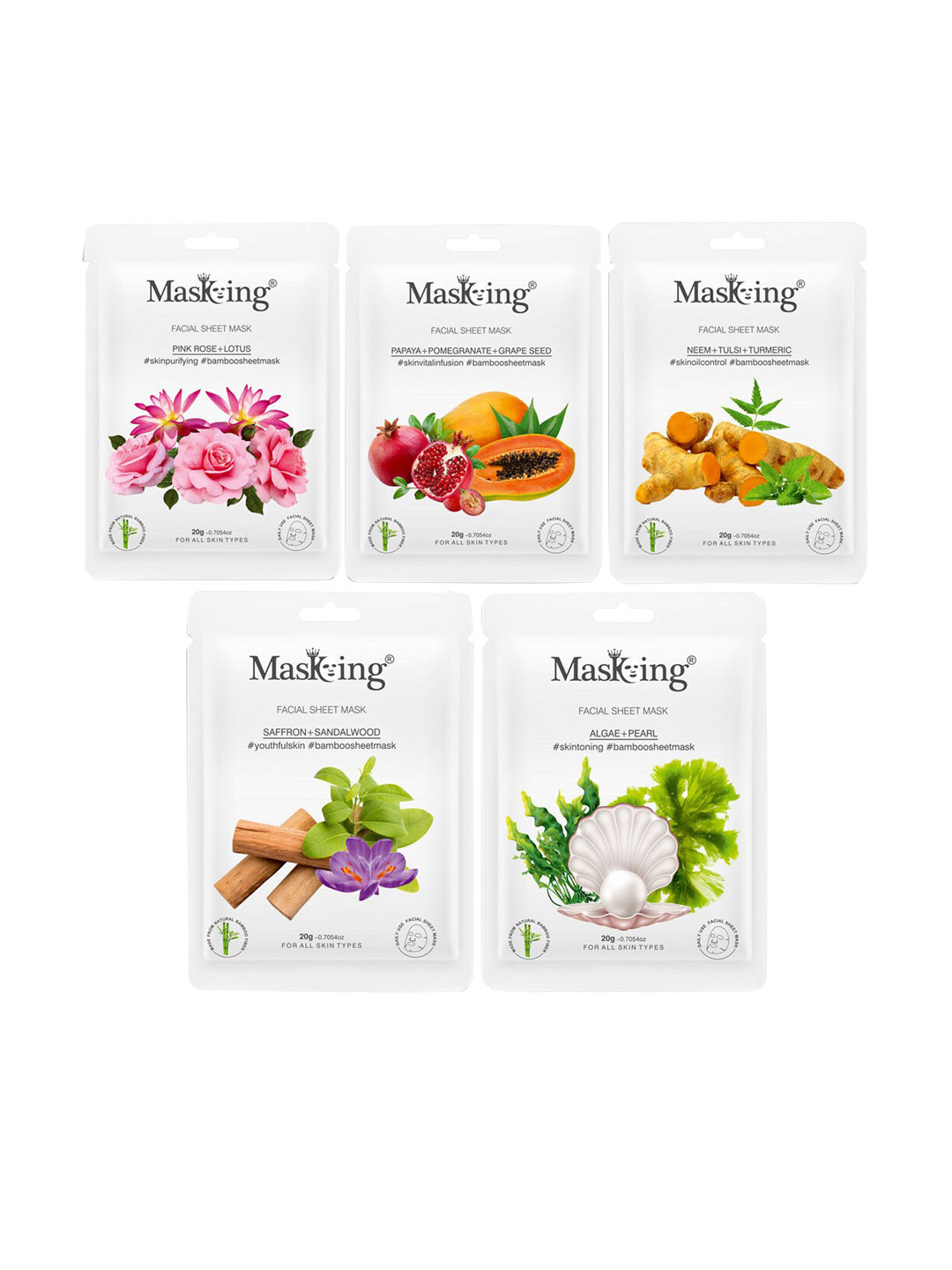MasKing Set of 5 Bamboo Facial Sheet Mask - Pink Rose - Papaya - Neem - Saffron & Algae