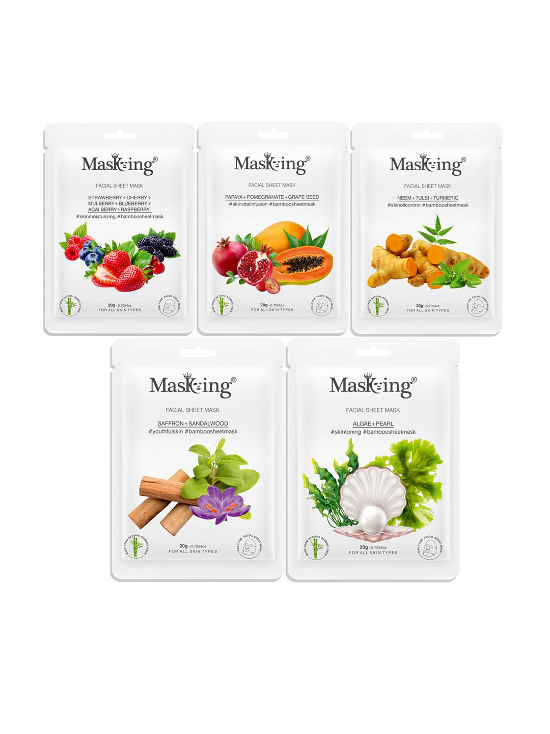 MasKing Unisex Multi Pack of 5 Bamboo Facial Sheet Mask, 100g