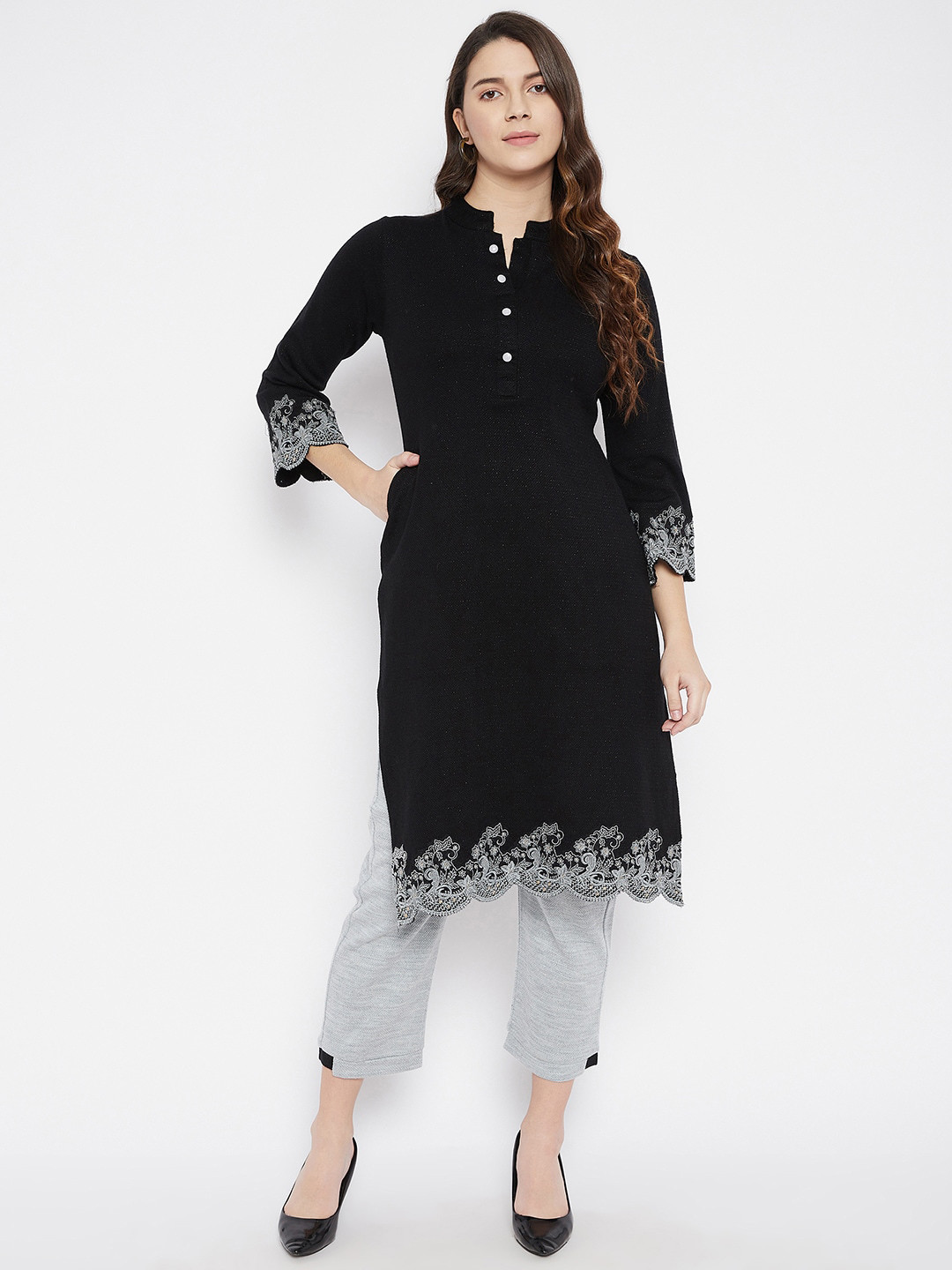 Zigo Winter Wear Women Black Wool Blend Kurta with Trousers
