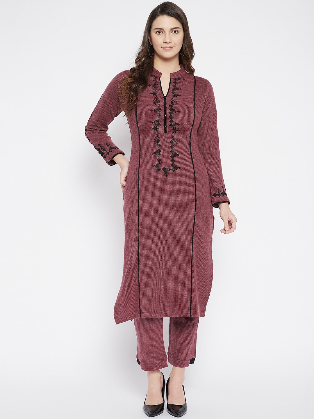 Zigo Winter Wear Women Burgundy Ethnic Motifs Embroidered Winter Kurta with Trousers