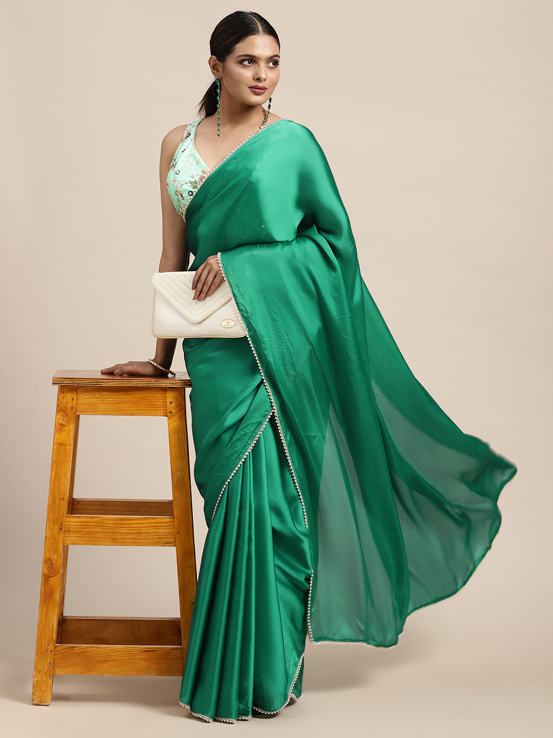 HERE&NOW Teal Green Dyed Pearl Embellished Satin Saree
