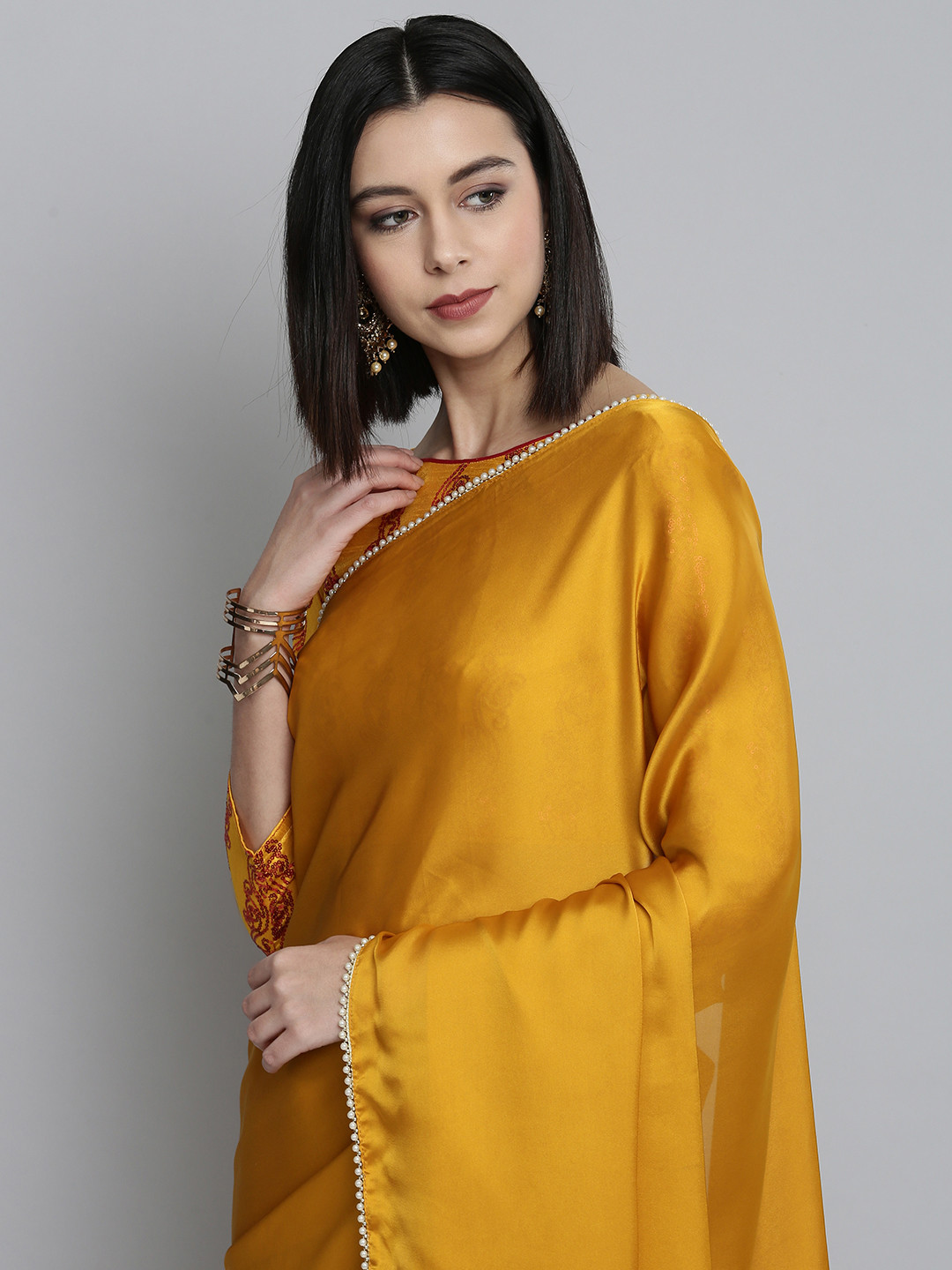 HERE&NOW Mustard Yellow Beads and Stones Satin Saree