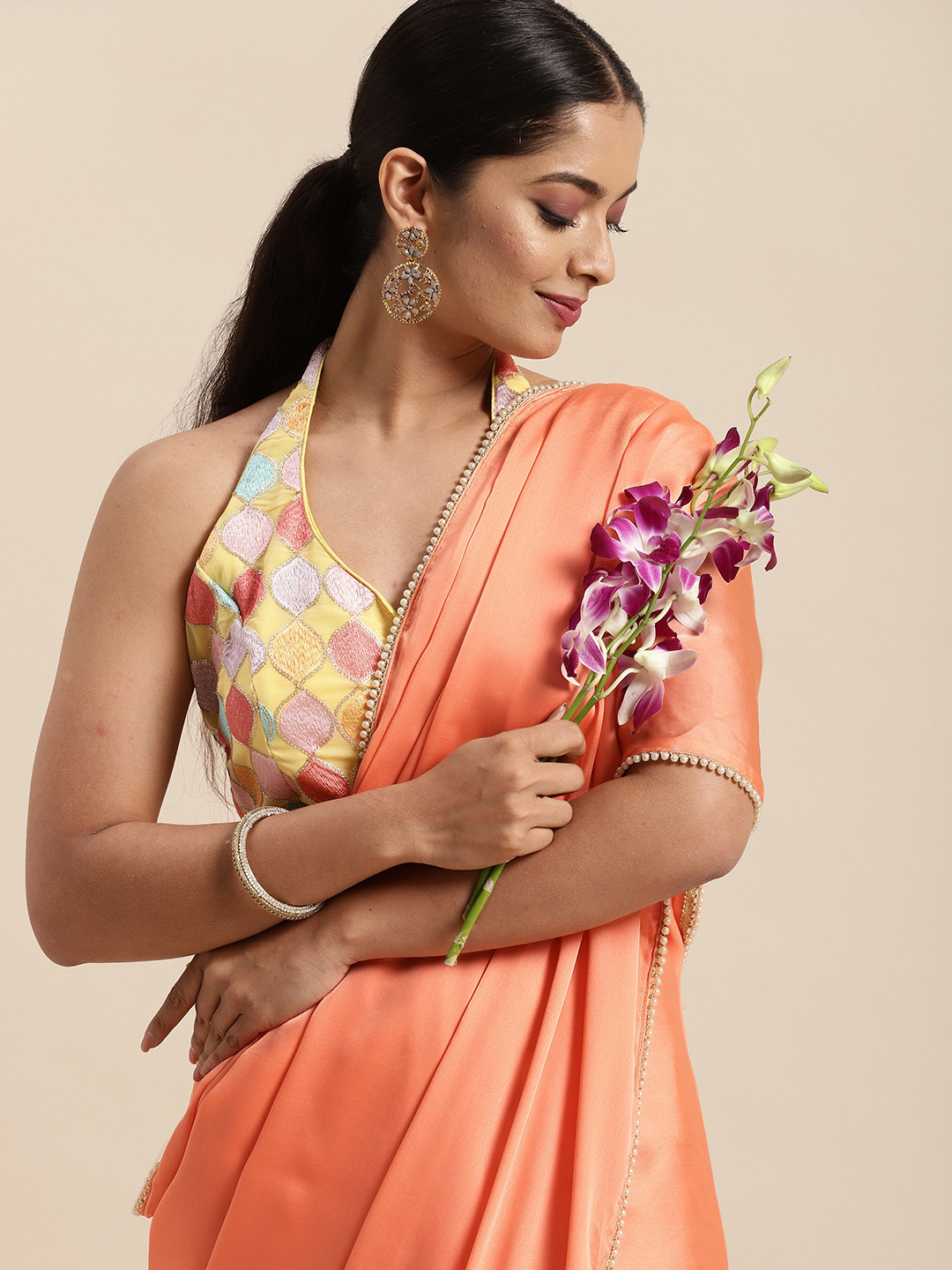 HERE&NOW Peach-Coloured Dyed Pearl Embellished Satin Saree
