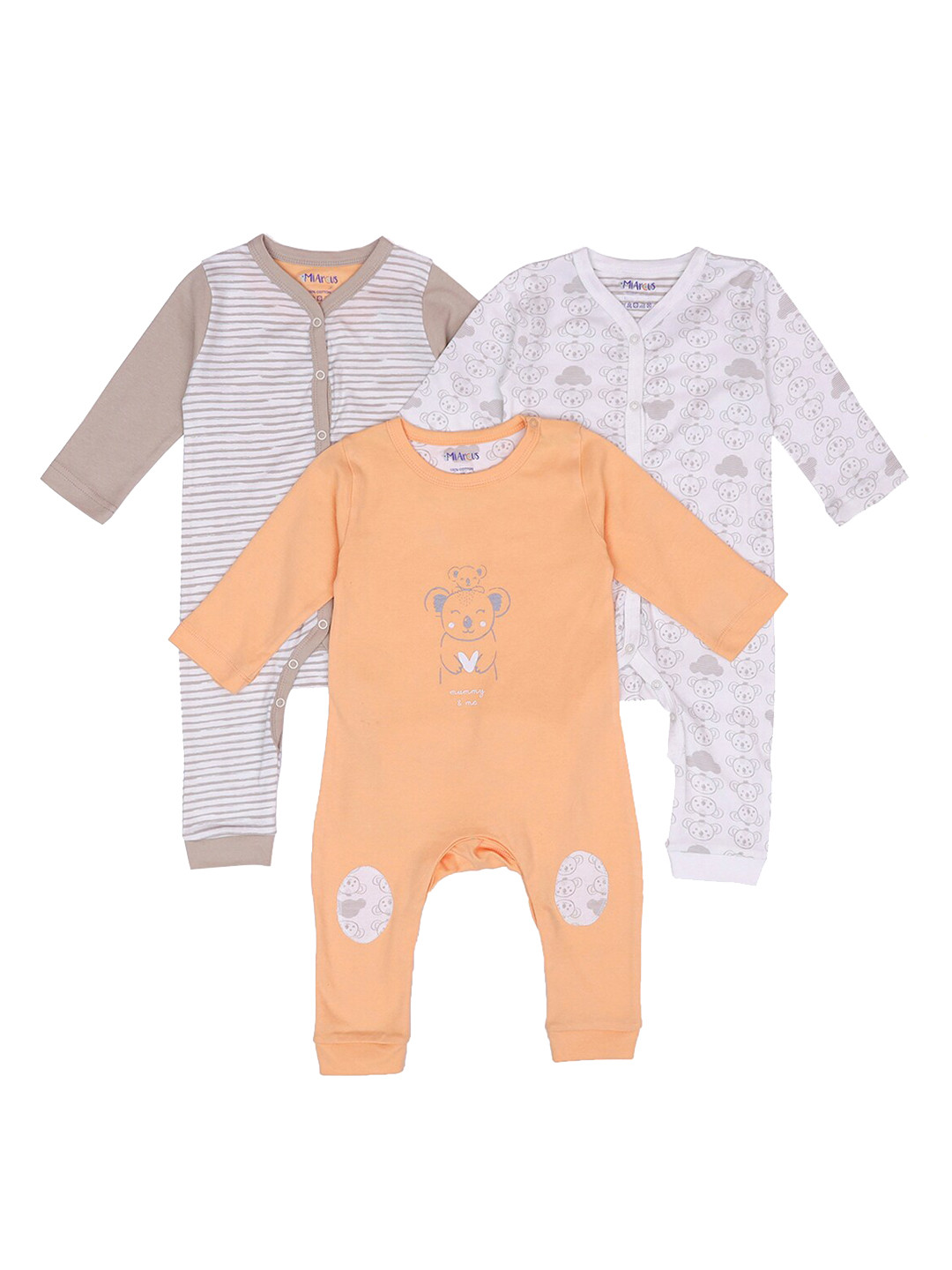 MiArcus Kids Pack of 3 Orange & White Printed Cotton Sleepsuit