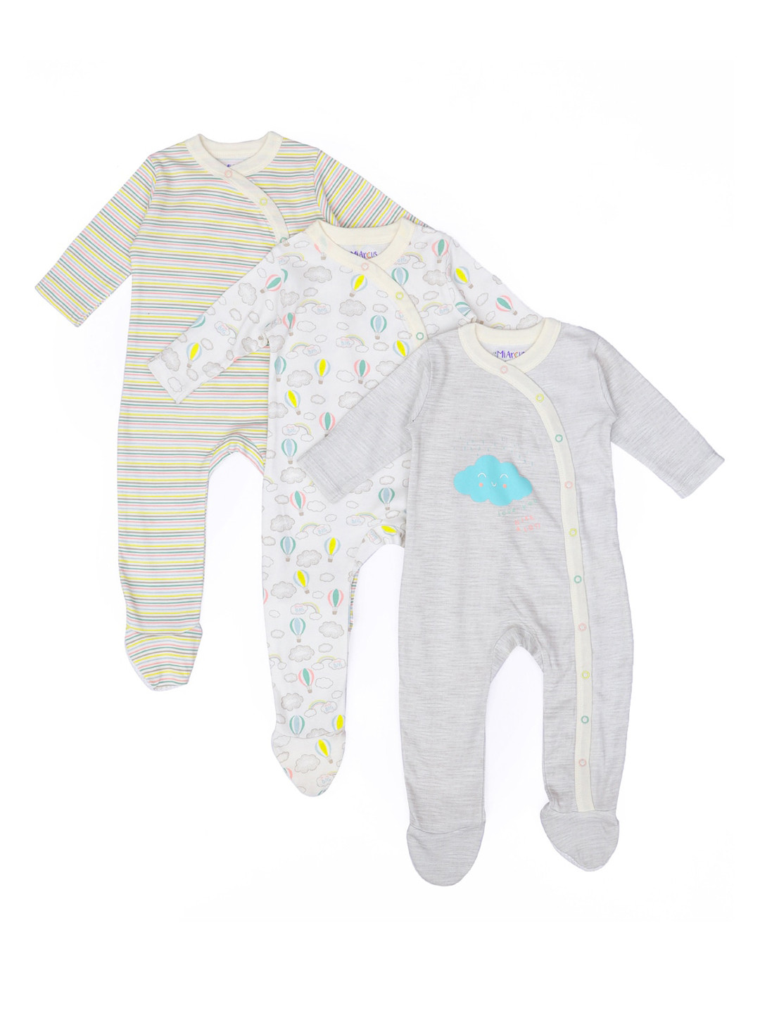 MiArcus Infant Kids Pack of 3 White & Blue Cotton Comfy Sleep Suit