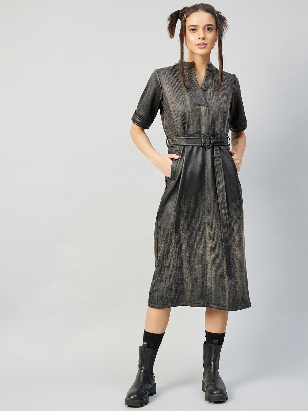 Athena Charcoal Grey Leather Shirt Midi Dress