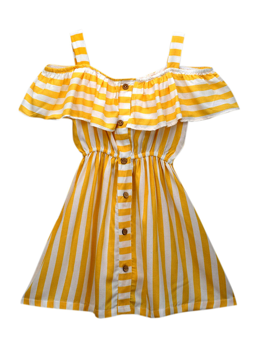 Hopscotch Girls Yellow & White Striped Shoulder Strap Cotton A-Line Dress